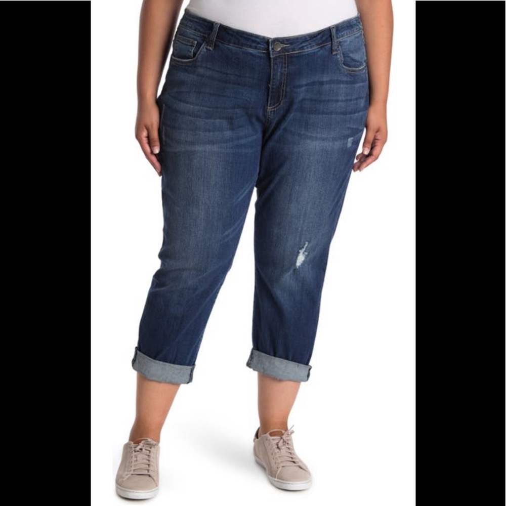 Plus-Size Dark Wash Rolled Cuff Boyfriend Jeans - Dark Blue